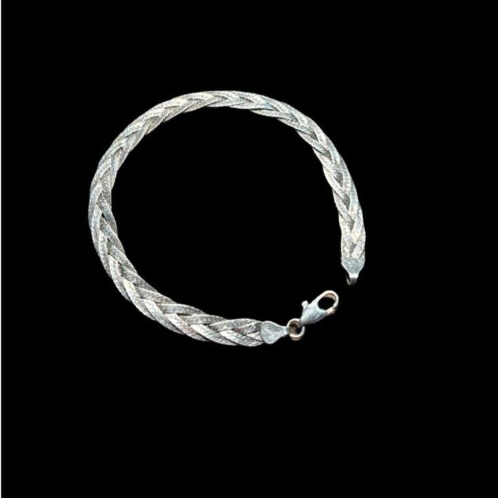 925 Italy Sterling Silver Braided Herringbone Bracelet 7” Textured Flat Chain